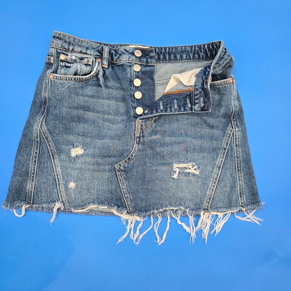 Free People We The Free Tenon Distressed Denim Mini Skirt 29 Button Fly Blue 16" - Picture 9 of 9